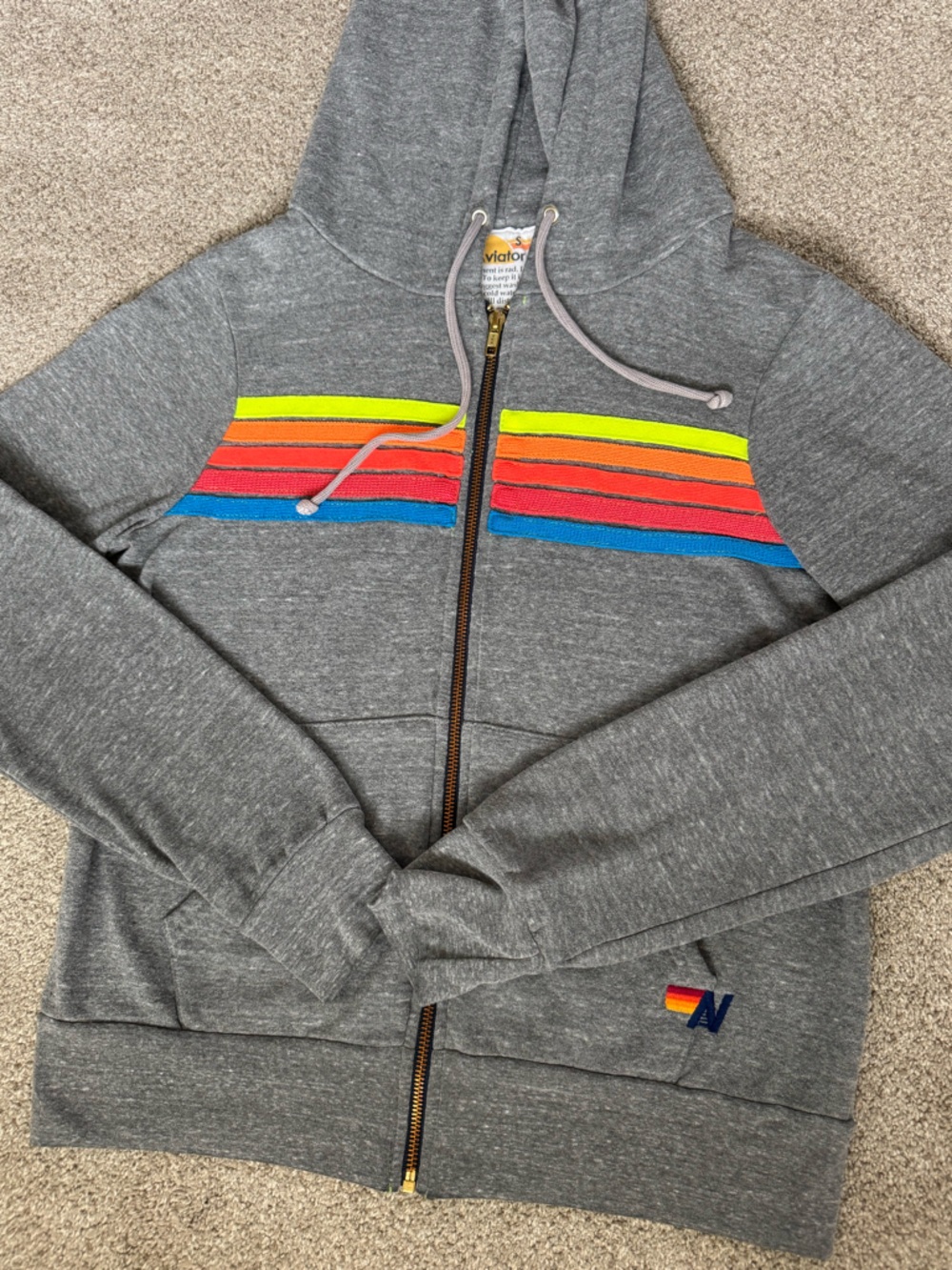 Aviator Nation Gray Zip-Up Hoodie Sweatshirt Neon 5 Stripe Sz S - Picture 2 of 8